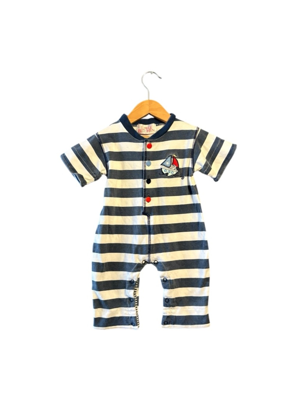 Striped Navy & Cream Baby One-Piece Romper with Sailboat Embroidery